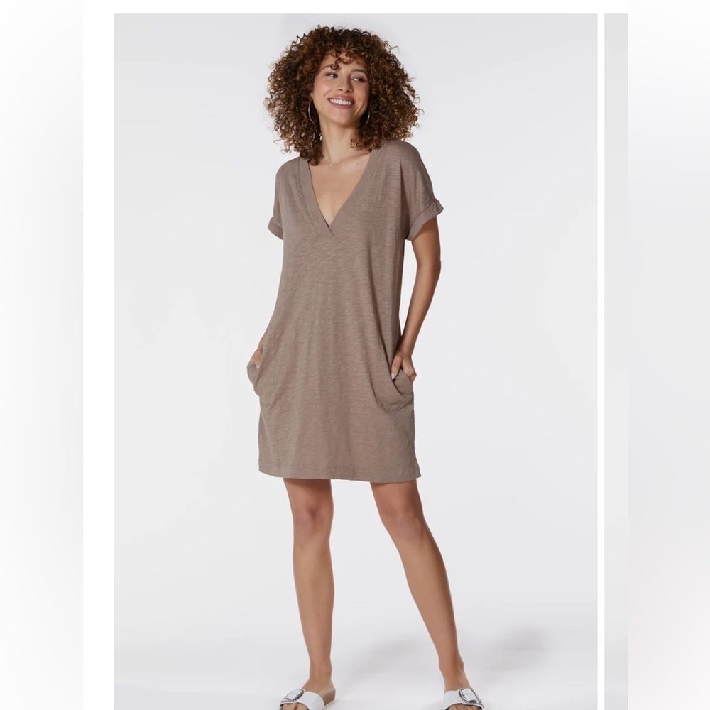 Bobi Tan Dolman Sleeve V-Neck 100% Cotton T Shirt Mini Dress With Pockets. Small